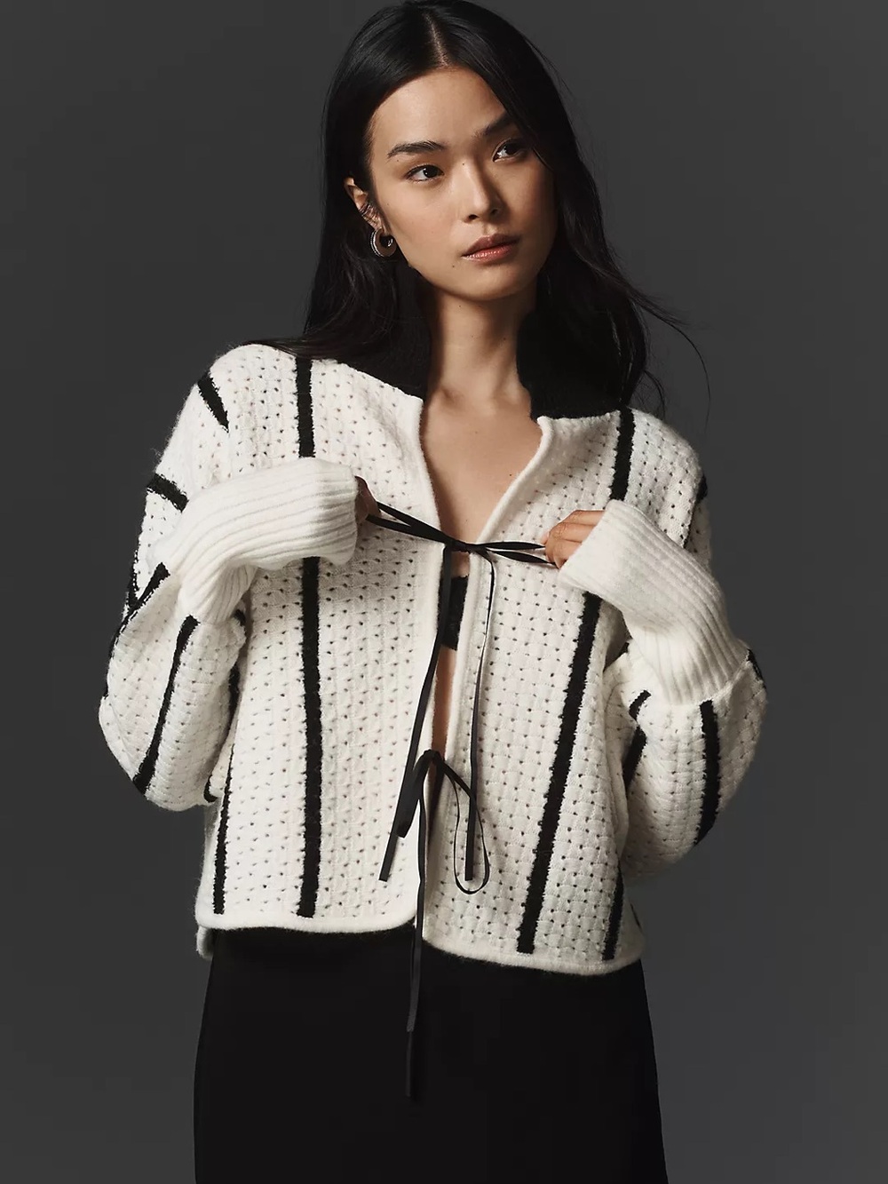 Maeve Anthropologie Collared Crochet Wool Blend Ribbon Cardigan Sweater OS